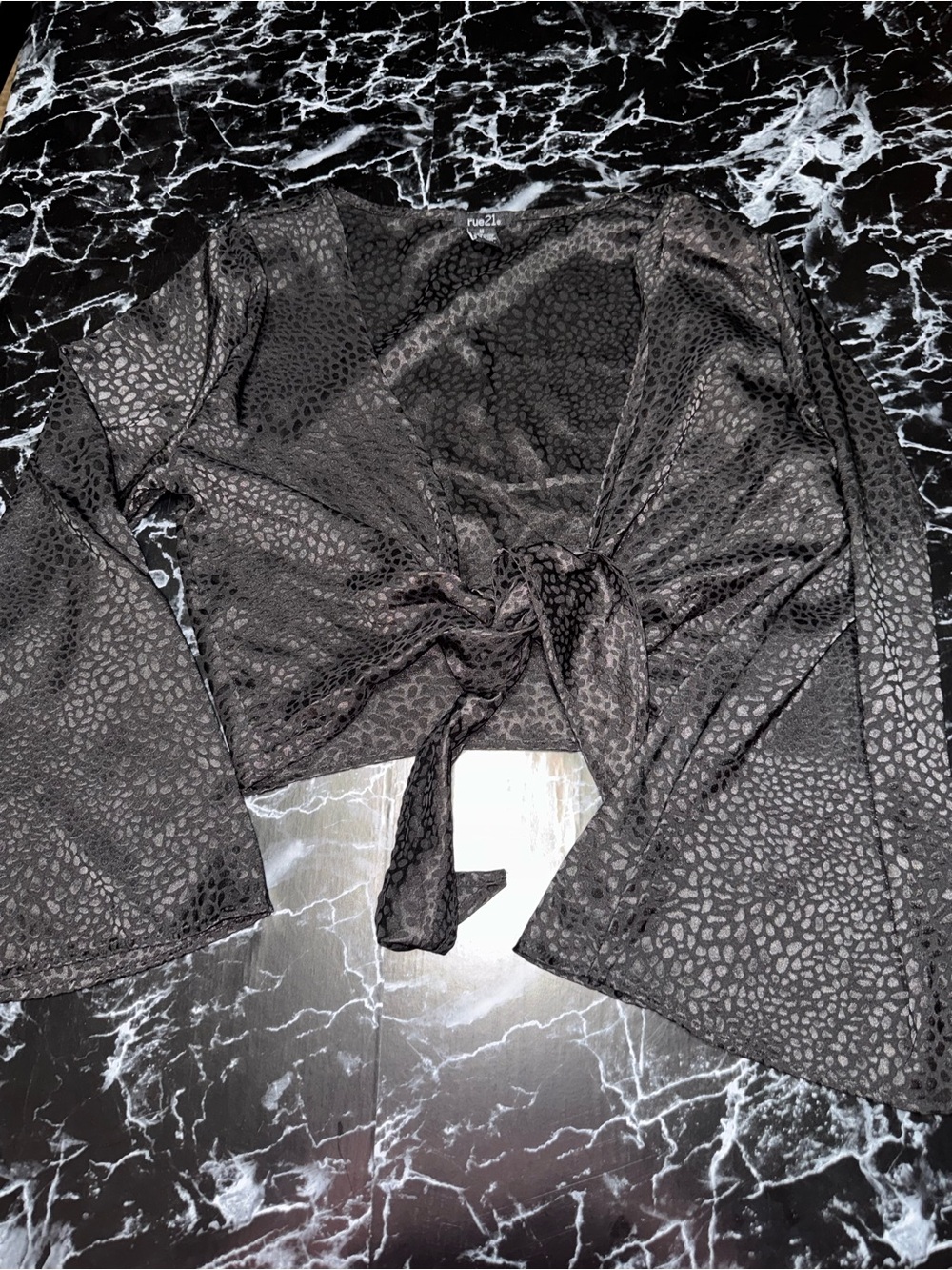 Forever 21 Black Sheer Tie-Front Animal-Texture Crop Top